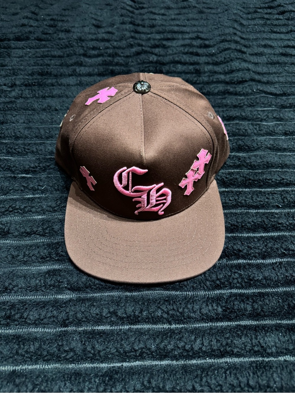 Chrome Hearts Brown Snapback Hat with Pink Embroidered Gothic Logos